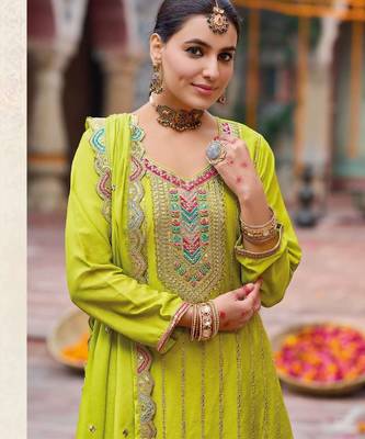 Parrot green free size full stitched upto 42 palazzo wedding suits 2