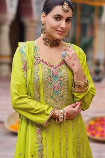Parrot green free size full stitched upto 42 palazzo wedding suits