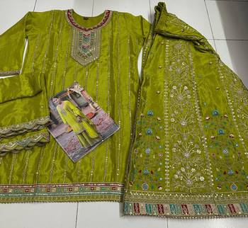 Parrot green free size full stitched upto 42 palazzo wedding suits 3