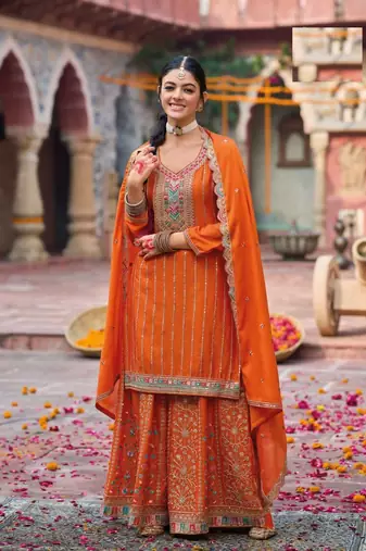 Orange free size full stitched upto 42 palazzo wedding suits