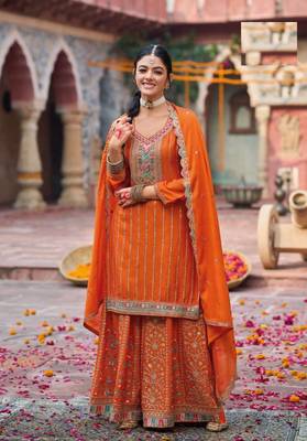 Orange free size full stitched upto 42 palazzo wedding suits 1