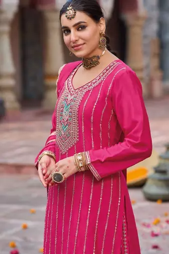 Dark pink free size full stitched upto 42 palazzo wedding suits