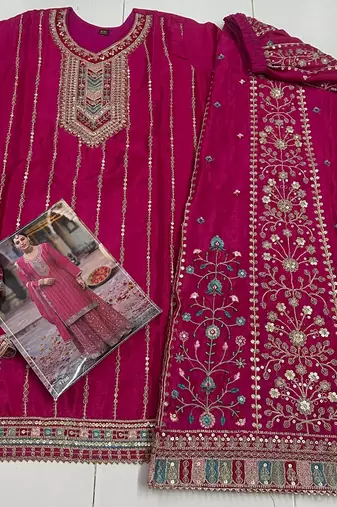 Dark pink free size full stitched upto 42 palazzo wedding suits