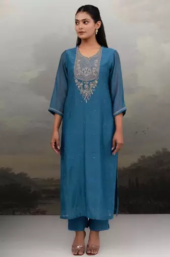 Turquoise paach patti zardosi kurta suit set