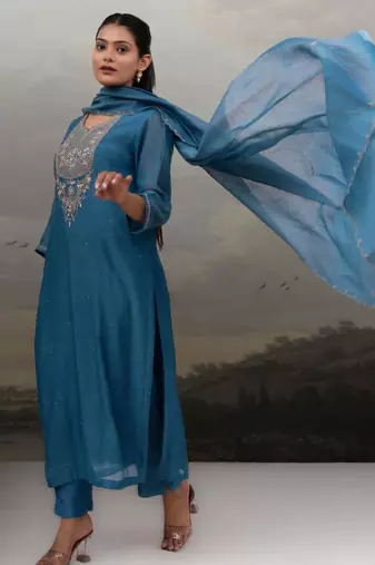 Turquoise paach patti zardosi kurta suit set