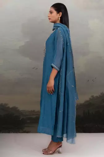 Turquoise paach patti zardosi kurta suit set