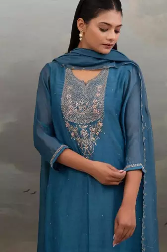 Turquoise paach patti zardosi kurta suit set