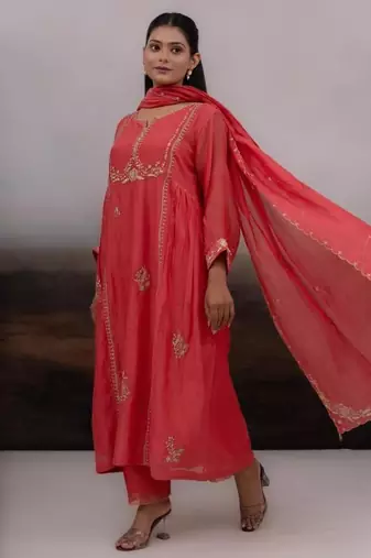 Coral rose gold zardosi kurta set