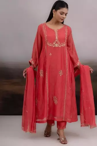Coral rose gold zardosi kurta set