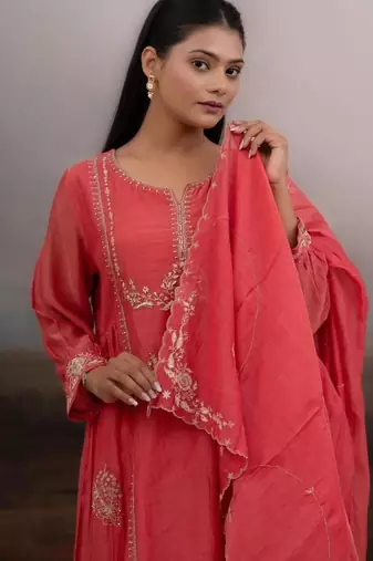 Coral rose gold zardosi kurta set
