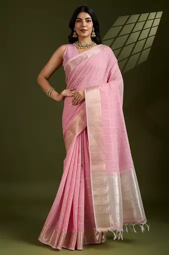 Pastel pink zari checks silk blend saree with matching blouse