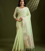 Pista silk blend zari checks saree with blouse piece