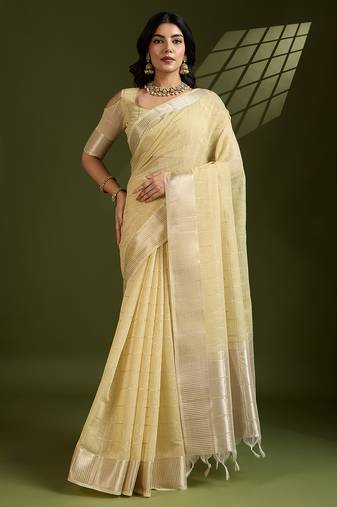 Yellow zari checks silk blend saree with woven pallu and unstitched blouse