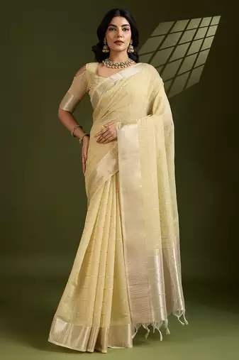 Yellow zari checks silk blend saree with woven pallu and unstitched blouse