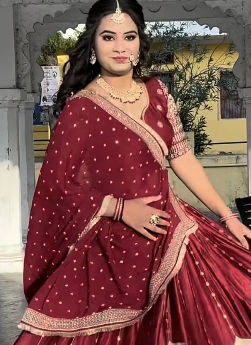 MAROON CHINON SILK EMBROIDERY PARTY WEAR LEHNGHA CHOLI 