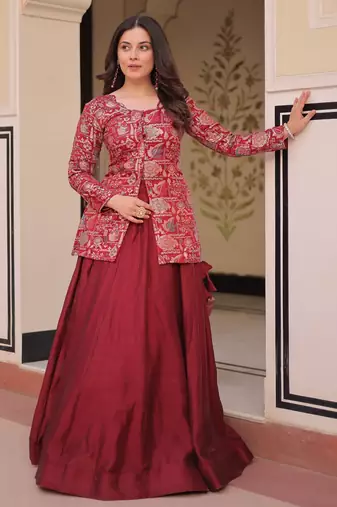 MAROON Jacquard Jacket Style Fully Stitched lehenga CHOLI  