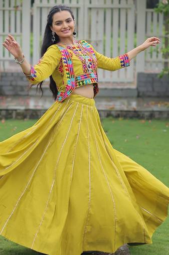 Mustard Yellow Gota-Patti Lace Fully Stitched Lehenga with Koti Blouse