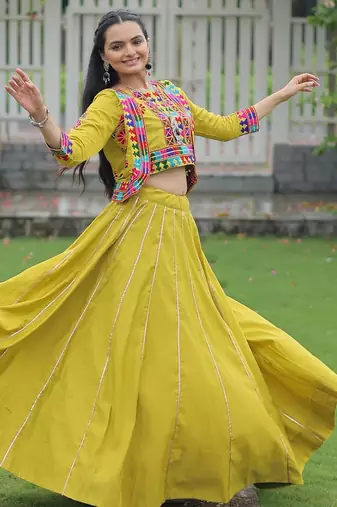 Mustard Yellow Gota-Patti Lace Fully Stitched Lehenga with Koti Blouse