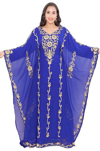Royal Blue Georgette Stitched Kaftan with Golden Aari Embroidery – Elegant Ethnic Wear