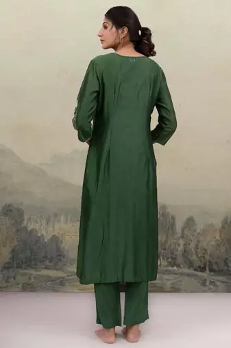 Bottle green kasab buta kurta set