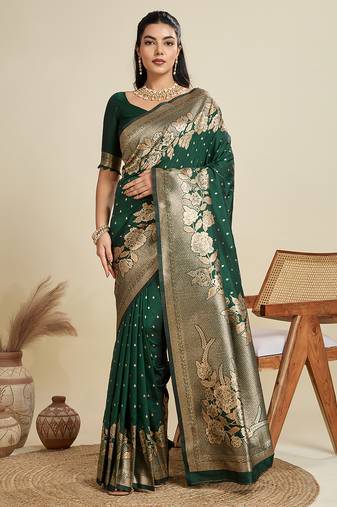 Green zari butti banarasi silk blend saree with blouse