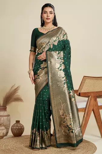Green zari butti banarasi silk blend saree with blouse