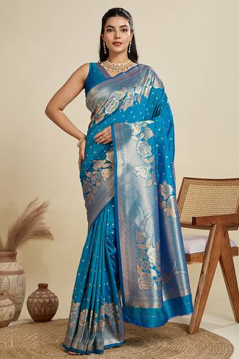 Blue banarasi silk blend saree with zari woven butti work includes blouse