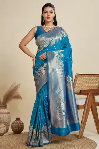 Blue banarasi silk blend saree with zari woven butti work includes blouse