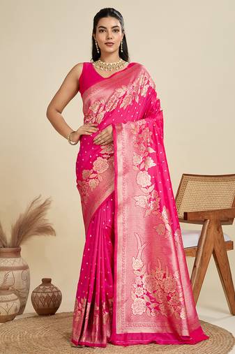 Pink zari woven banarasi silk blend saree with blouse