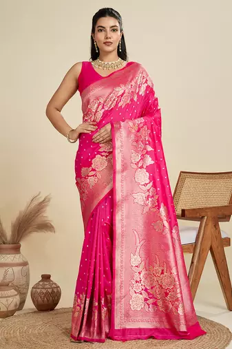 Pink zari woven banarasi silk blend saree with blouse