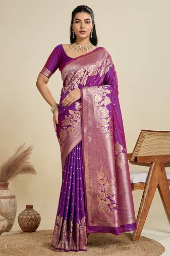 Purple banarasi silk blend saree with matching blouse