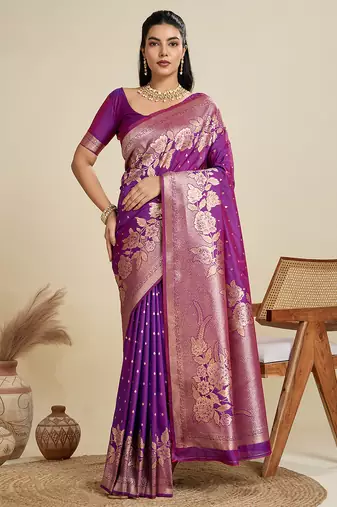Purple banarasi silk blend saree with matching blouse