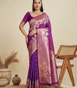 Purple banarasi silk blend saree with matching blouse