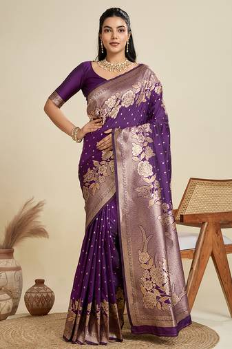 Wine butti work banarasi silk blend saree with blouse