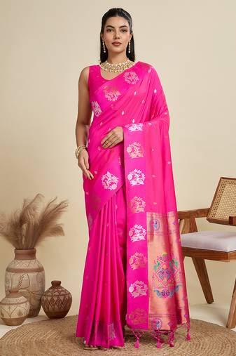 Banarasi silk blend zari woven butti saree with paithani pallu