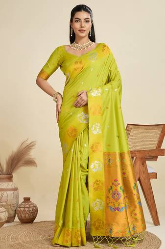 Banarasi silk blend copper zari border saree with paithani pallu