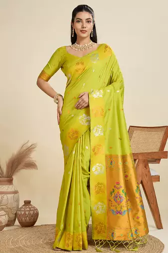 Banarasi silk blend copper zari border saree with paithani pallu