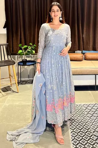 GREY Heavy Faux Georgette EMBROIDRY PARTY WEAR SUIT SET 
