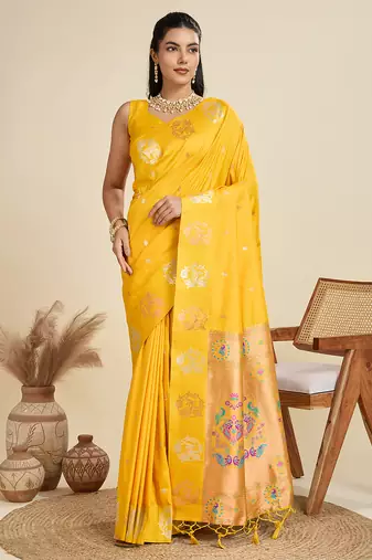 Banarasi silk blend intricate zari butti saree with copper paithani pallu