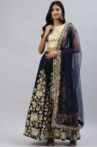 NAVY BLUE ZARI SEQUINS EMBROIDERED VELVET LEHENGA CHOLI