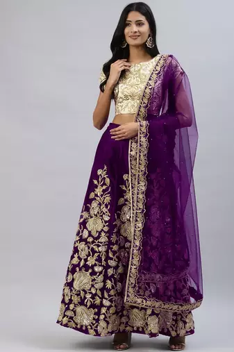 PURPLE ZARI SEQUINS EMBROIDERED VELVET LEHENGA CHOLI