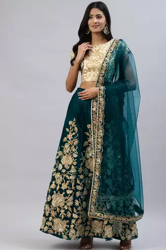 TURQUOISE ZARI SEQUINS EMBROIDERED VELVET LEHENGA CHOLI
