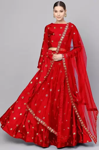 RED ART SILK EMBROIDERED MIRROR WORK LEHENGA CHOLI WITH DUPATTA