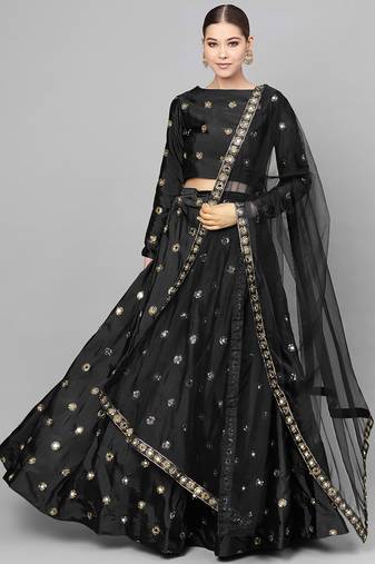 BLACK ART SILK EMBROIDERED MIRROR WORK LEHENGA CHOLI WITH DUPATTA