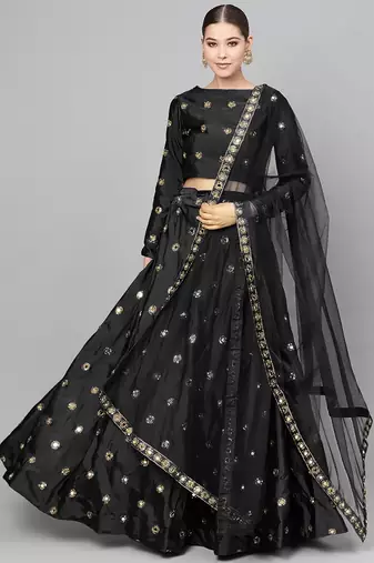 BLACK ART SILK EMBROIDERED MIRROR WORK LEHENGA CHOLI WITH DUPATTA
