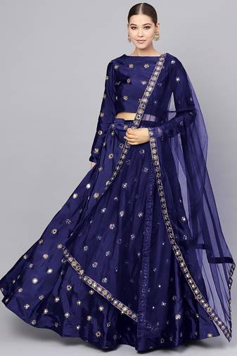 NAVY BLUE ART SILK EMBROIDERED MIRROR WORK LEHENGA CHOLI WITH DUPATTA