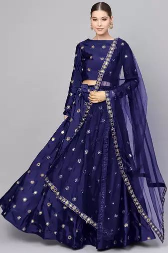 NAVY BLUE ART SILK EMBROIDERED MIRROR WORK LEHENGA CHOLI WITH DUPATTA