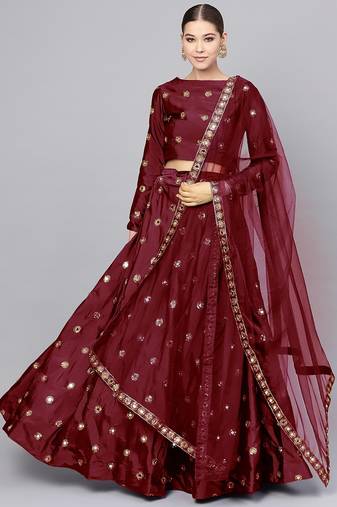 MAROON ART SILK EMBROIDERED MIRROR WORK LEHENGA CHOLI WITH DUPATTA