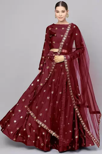 MAROON ART SILK EMBROIDERED MIRROR WORK LEHENGA CHOLI WITH DUPATTA