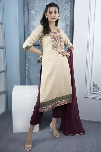 Beige embroidered silk straight cut trouser kurta dupatta readymade suits